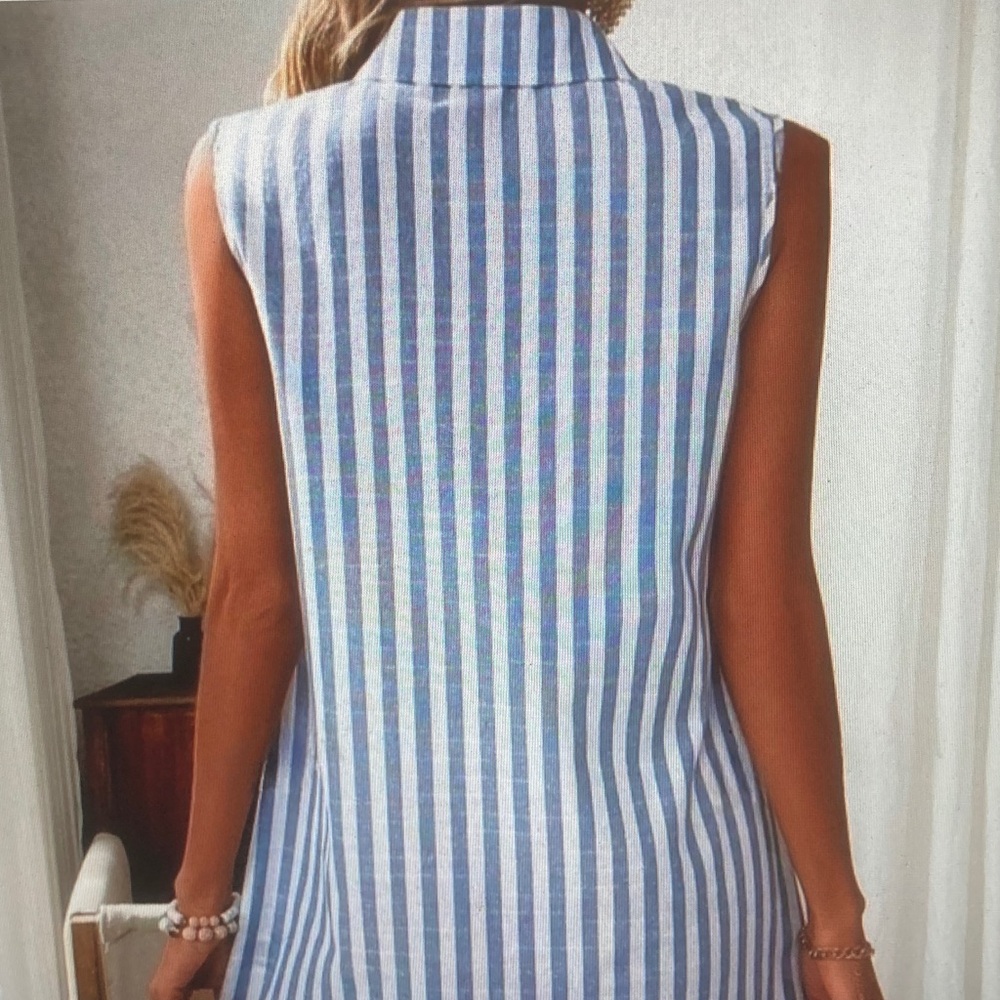 Sleeveless Blue and White Striped Button Henley Dress - Picture 4 of 5